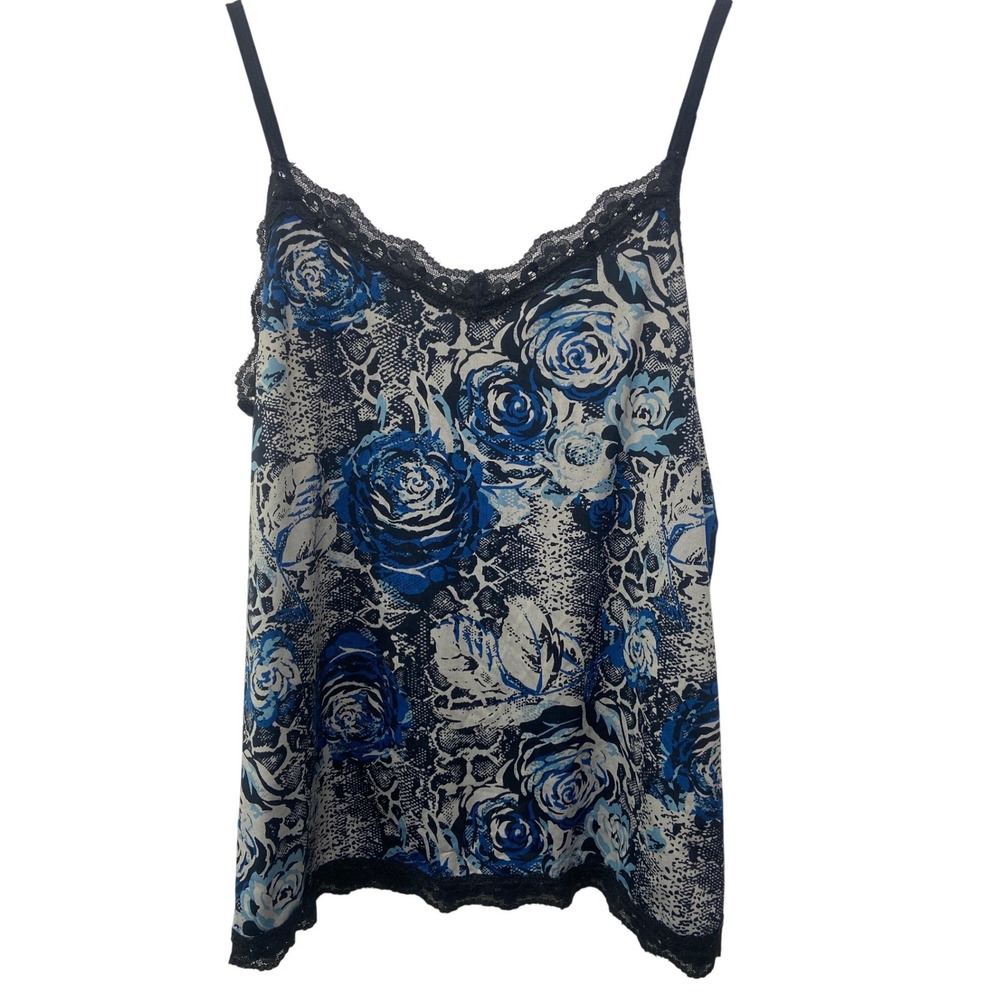 Vtg Y2K Blue Floral Snakeskin Cami Lace Trim V-Neck Tank Top L Mobwife Dark Club